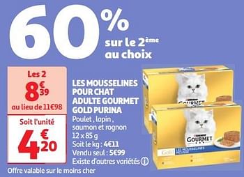 Promoties Les mousselines pour chat adulte gourmet gold purina - Purina - Geldig van 30/04/2024 tot 06/05/2024 bij Auchan