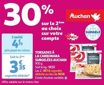Promoties Torsades à la carbonara surgelées auchan - Huismerk - Auchan - Geldig van 30/04/2024 tot 06/05/2024 bij Auchan