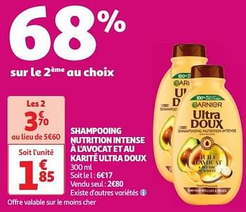Promotions Shampooing nutrition intense à l`avocat et au karité ultra doux - Garnier - Valide de 30/04/2024 à 06/05/2024 chez Auchan Ronq