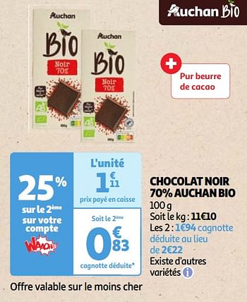 Promoties Chocolat noir 70% auchan bio - Huismerk - Auchan - Geldig van 30/04/2024 tot 06/05/2024 bij Auchan