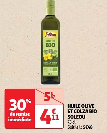 Promoties Huile olive et colza bio soleou - Soléou - Geldig van 30/04/2024 tot 06/05/2024 bij Auchan