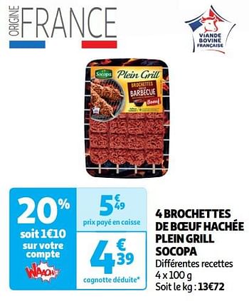 Promoties 4 brochettes de boeuf hachée plein grill socopa - Socopa - Geldig van 30/04/2024 tot 05/05/2024 bij Auchan