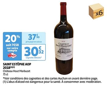 Promoties Saint estèphe aop 2018 château haut marbuzet - Rode wijnen - Geldig van 30/04/2024 tot 06/05/2024 bij Auchan