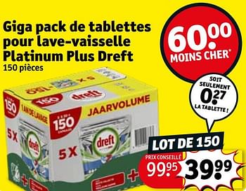 Promoties Giga pack de tablettes pour lave-vaisselle platinum plus dreft - Dreft - Geldig van 30/04/2024 tot 12/05/2024 bij Kruidvat