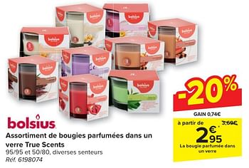 Promoties Assortiment de bougies parfumées dans un verre true scents - Bolsius - Geldig van 30/04/2024 tot 13/05/2024 bij Carrefour