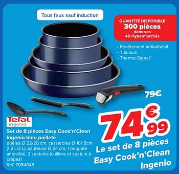 Promoties Set de 8 pièces easy cook’n’clean ingenio bleu pailleté - Tefal - Geldig van 30/04/2024 tot 13/05/2024 bij Carrefour