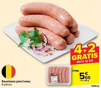 Promotions Saucisses porc-veau - Produit maison - Carrefour  - Valide de 30/04/2024 à 13/05/2024 chez Carrefour