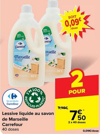 Promoties Lessive liquide au savon de marseille carrefour - Huismerk - Carrefour  - Geldig van 30/04/2024 tot 13/05/2024 bij Carrefour