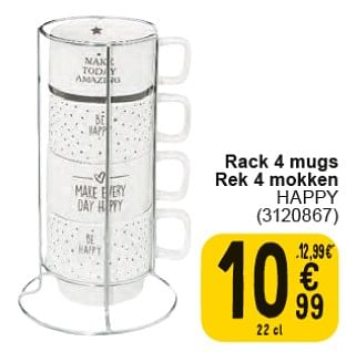 Promotions Rack 4 mugs happy - Produit maison - Cora - Valide de 30/04/2024 à 13/05/2024 chez Cora