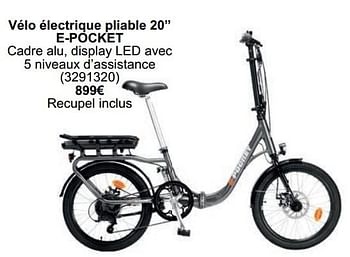 Promotions Vélo électrique pliable 20” e-pocket - E-Pocket - Valide de 01/05/2024 à 31/05/2024 chez Cora