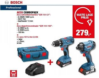 Promotions Bosch accu combopack accu schroefboormachine gsr 18 v 21 + accu slagschroevendraaier gdr 18 v 160 + 2 x accu 18 v li ion 2 0 ah - Bosch - Valide de 01/05/2024 à 21/05/2024 chez Hubo