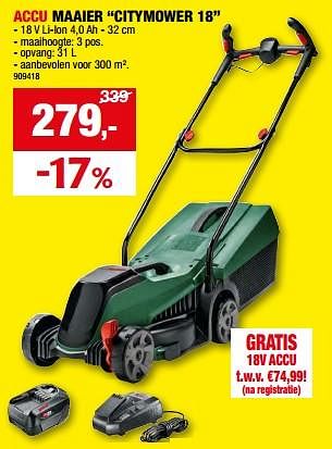 Promotions Bosch accu maaier citymower 18 - Bosch - Valide de 01/05/2024 à 21/05/2024 chez Hubo