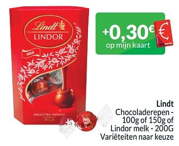Promotions Lindt chocoladerepen of lindor melk - Lindt - Valide de 01/05/2024 à 31/05/2024 chez Intermarche