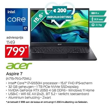 Promotions Acer aspire 7 a715 76g 70wl - Acer - Valide de 26/04/2024 à 31/05/2024 chez Selexion