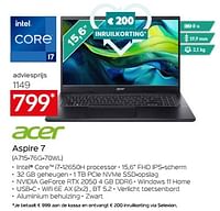 Promoties Acer aspire 7 a715 76g 70wl - Acer - Geldig van 26/04/2024 tot 31/05/2024 bij Selexion
