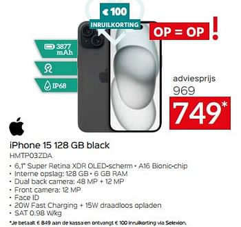 Promoties Apple iphone 15 128 gb black hmtp03zda - Apple - Geldig van 26/04/2024 tot 31/05/2024 bij Selexion