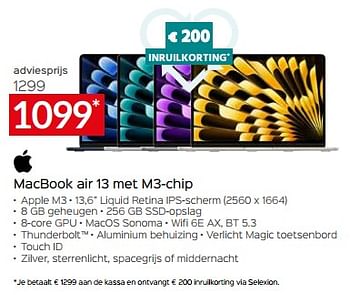 Promotions Apple macbook air 13 met m3 chip - Apple - Valide de 26/04/2024 à 31/05/2024 chez Selexion