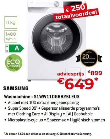 Promotions Samsung wasmachine - s1ww11dg6b25leu3 - Samsung - Valide de 26/04/2024 à 31/05/2024 chez Exellent