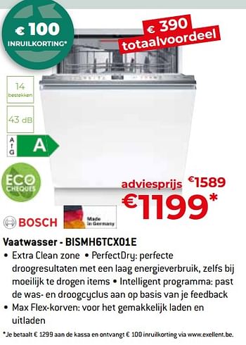 Promoties Bosch vaatwasser - bismh6tcx01e - Bosch - Geldig van 26/04/2024 tot 31/05/2024 bij Exellent