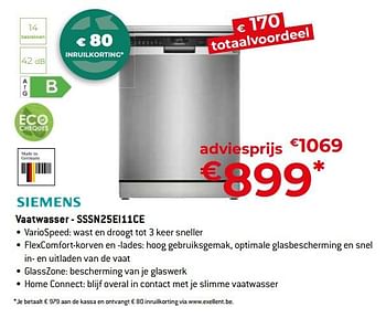 Promotions Siemens vaatwasser - sssn25ei11ce - Siemens - Valide de 26/04/2024 à 31/05/2024 chez Exellent