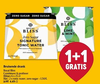 Promotions Tonic water zero sugar - Royal Bliss - Valide de 01/05/2024 à 08/05/2024 chez Delhaize