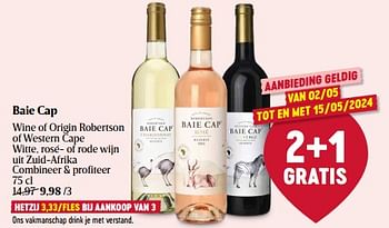 Promotions Baie cap wine of origin robertson of western cape witte rosé of rode wijn - Vins rosé - Valide de 01/05/2024 à 08/05/2024 chez Delhaize