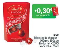 Promotions Lindt tablettes de chocolat ou lindor lait - Lindt - Valide de 01/05/2024 à 31/05/2024 chez Intermarche