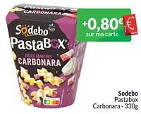 Promotions Sodebo pastabox carbonara - Sodebo - Valide de 01/05/2024 à 31/05/2024 chez Intermarche