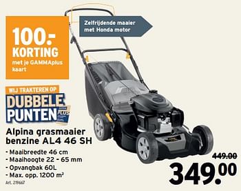 Promotions Alpina grasmaaier benzine al4 46 sh - Alpina - Valide de 01/05/2024 à 07/05/2024 chez Gamma