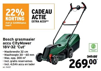 Promotions Bosch grasmaaier accu citymower 18v-32 cut - Bosch - Valide de 01/05/2024 à 07/05/2024 chez Gamma