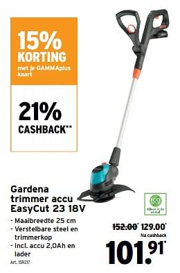 Promotions Gardena trimmer accu easycut 23 18v - Gardena - Valide de 01/05/2024 à 07/05/2024 chez Gamma