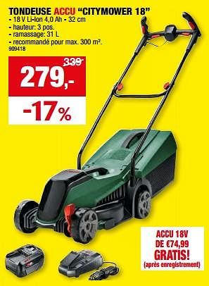 Promoties Bosch tondeuse accu citymower 18 - Bosch - Geldig van 01/05/2024 tot 21/05/2024 bij Hubo