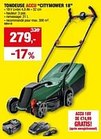 Promotions Bosch tondeuse accu citymower 18 - Bosch - Valide de 01/05/2024 à 21/05/2024 chez Hubo
