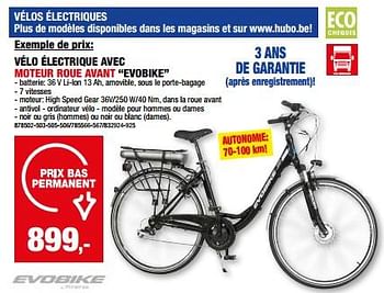 Promoties Vélo électrique avec moteur roue avant evobike - Evobike - Geldig van 01/05/2024 tot 21/05/2024 bij Hubo