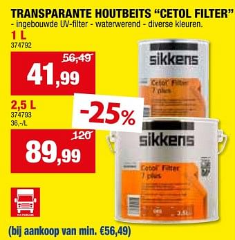 Promotions Transparante houtbeits cetol filter - Sikkens - Valide de 24/04/2024 à 05/05/2024 chez Hubo