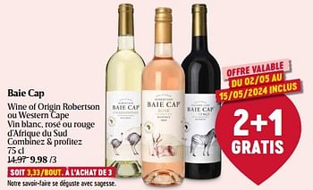Promoties Baie cap wine of origin robertson ou western cape vin blanc, rosé ou rouge d’afrique du sud - Rosé wijnen - Geldig van 01/05/2024 tot 08/05/2024 bij Delhaize