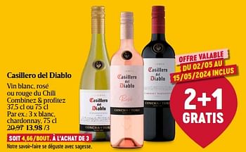 Promotions Casillero del diablo vin blanc, rosé ou rouge du chili - Vins rosé - Valide de 01/05/2024 à 08/05/2024 chez Delhaize