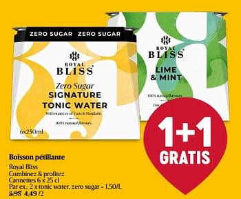 Promotions Tonic water, zero sugar - Royal Bliss - Valide de 01/05/2024 à 08/05/2024 chez Delhaize