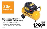 Promotions Compresseur stanley d 200 8 24 + kit - Stanley - Valide de 01/05/2024 à 07/05/2024 chez Gamma