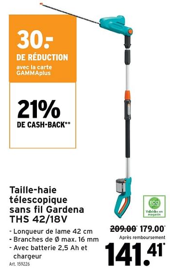 Promoties Taille haie télescopique sans fil gardena ths - Gardena - Geldig van 01/05/2024 tot 07/05/2024 bij Gamma