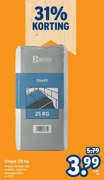 Promotions Chape droog mengsel van cement - Coeck - Valide de 01/05/2024 à 07/05/2024 chez Gamma