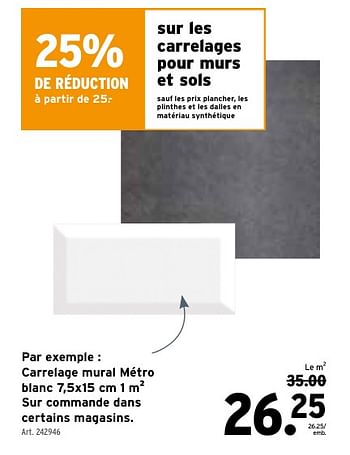 Promotions Carrelage mural métro blanc - Produit maison - Gamma - Valide de 01/05/2024 à 07/05/2024 chez Gamma