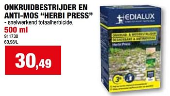 Promoties Onkruidbestrijder en anti-mos herbi press - Edialux - Geldig van 24/04/2024 tot 05/05/2024 bij Hubo