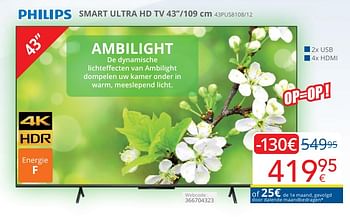Promotions Philips smart ultra hd tv 43pus8108-12 - Philips - Valide de 01/05/2024 à 31/05/2024 chez Eldi