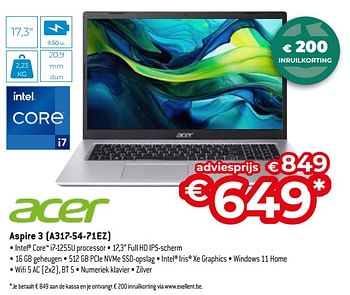 Promoties Acer aspire 3 a317 54 71ez - Acer - Geldig van 26/04/2024 tot 31/05/2024 bij Exellent