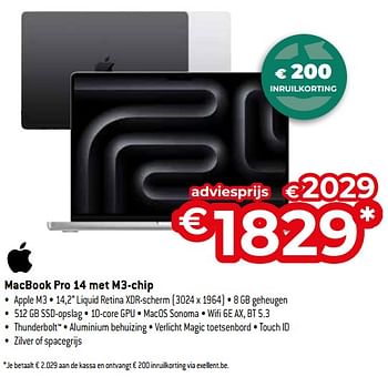 Promotions Apple macbook pro 14 met m3 chip - Apple - Valide de 26/04/2024 à 31/05/2024 chez Exellent