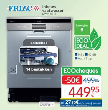 Promotions Friac inbouw vaatwasser ivw3110lix - Friac - Valide de 01/05/2024 à 31/05/2024 chez Eldi