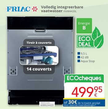 Promotions Friac volledig integreerbare vaatwasser fivw4420l - Friac - Valide de 01/05/2024 à 31/05/2024 chez Eldi