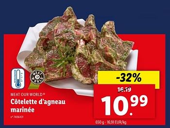 Promotions Côtelette d’agneau marinée - Meat our World - Valide de 08/05/2024 à 14/05/2024 chez Lidl