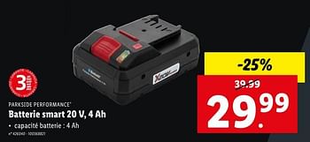 Promoties Parkside performance batterie smart 20 v, 4 ah - Parkside - Geldig van 08/05/2024 tot 14/05/2024 bij Lidl